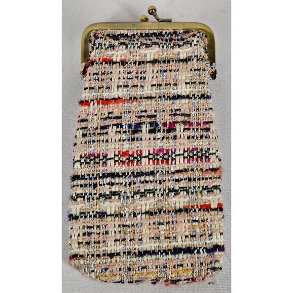 ANTHROPOLOGIE MULTICOLORED TWEED SMALL COIN BAG POUCH - KISS CLASP - PINK LINING - Picture 2 of 10